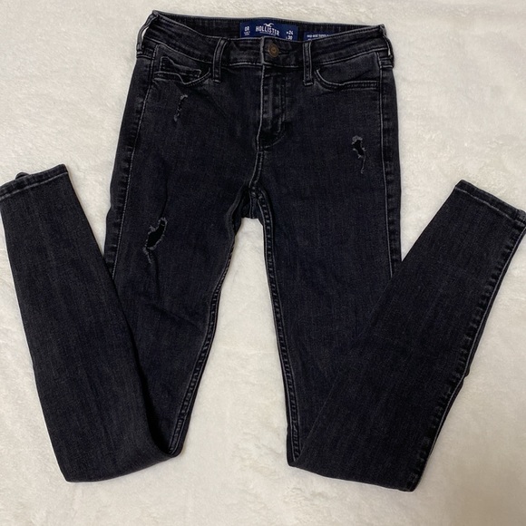 Hollister Black Washed Ribbed Denim Skinny Jeans Mid Rise Size 24 or 0 - Picture 1 of 7